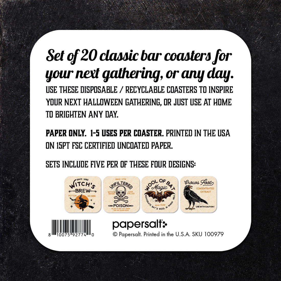 Coaster: Holiday, Halloween Witch Poison Bat Crow Set - Pack of 6