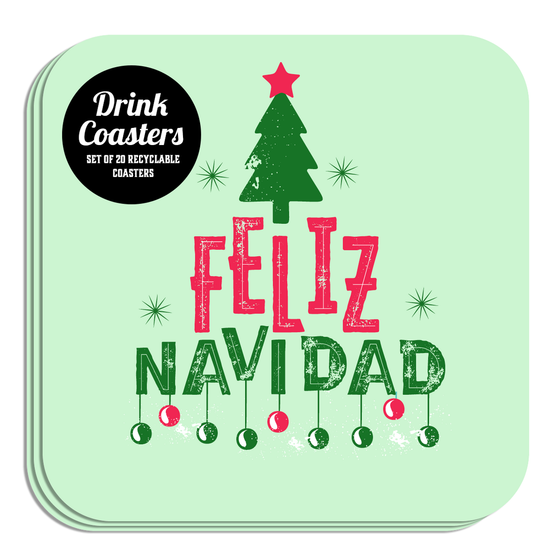 Coaster: Holiday, Christmas Feliz Navidad with Tree and Ornaments - Pack of 6