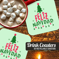 Coaster: Holiday, Christmas Feliz Navidad with Tree and Ornaments - Pack of 6