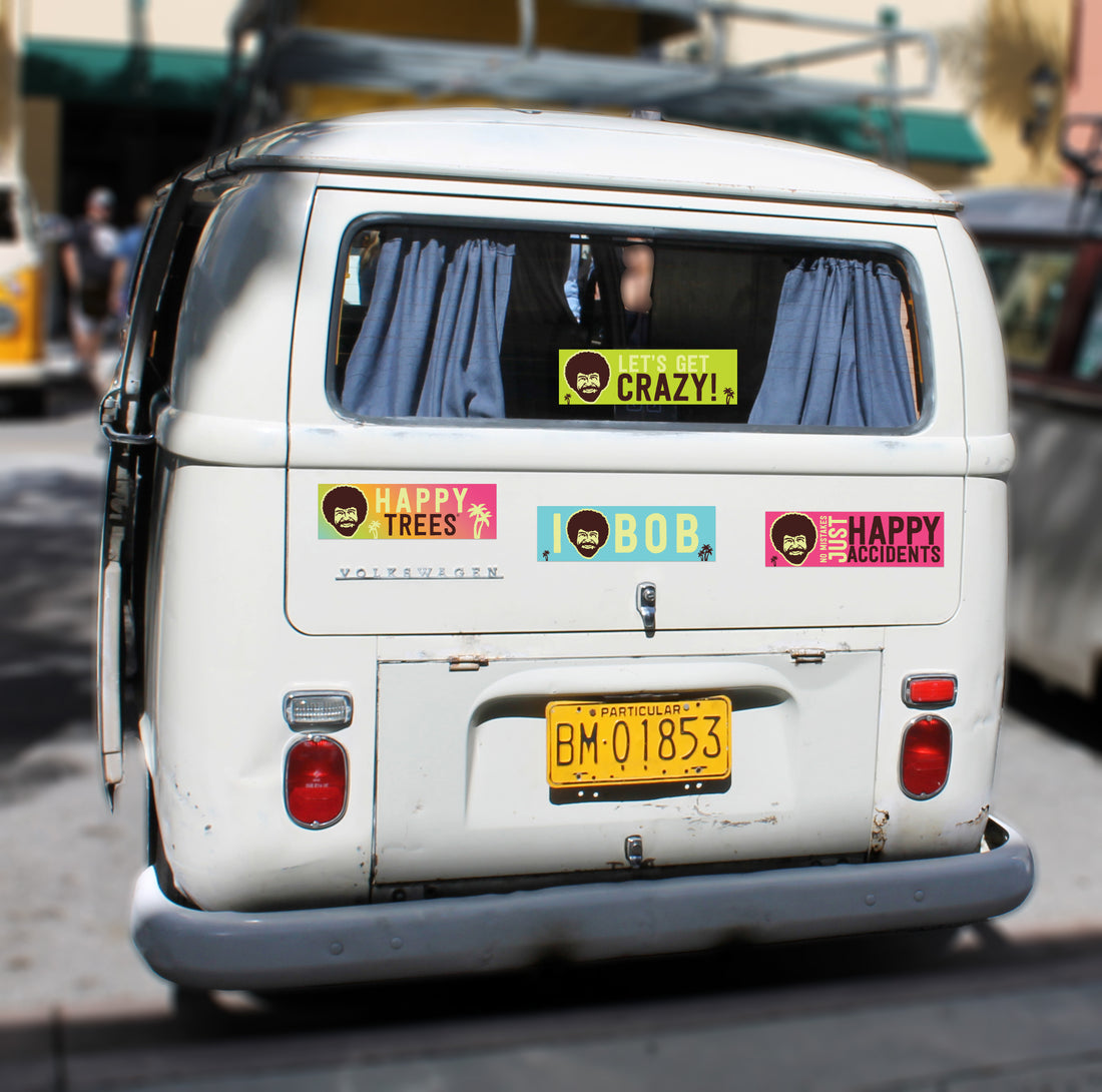 Bumper Sticker: Bob Ross, "Let's Get Crazy" - Pack of 6