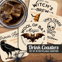 Coaster: Holiday, Halloween Witch Poison Bat Crow Set - Pack of 6