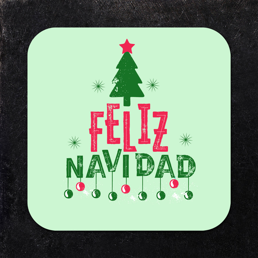 Coaster: Holiday, Christmas Feliz Navidad with Tree and Ornaments - Pack of 6