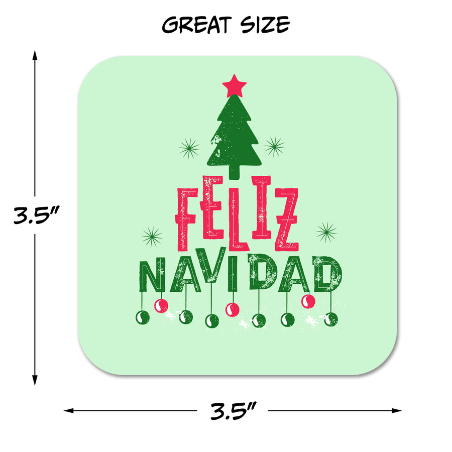 Coaster: Holiday, Christmas Feliz Navidad with Tree and Ornaments - Pack of 6
