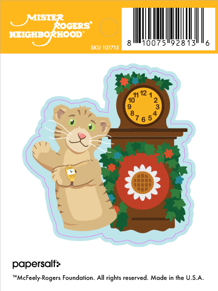 Sticker: Mister Rogers, Daniel Striped Tiger with Clock