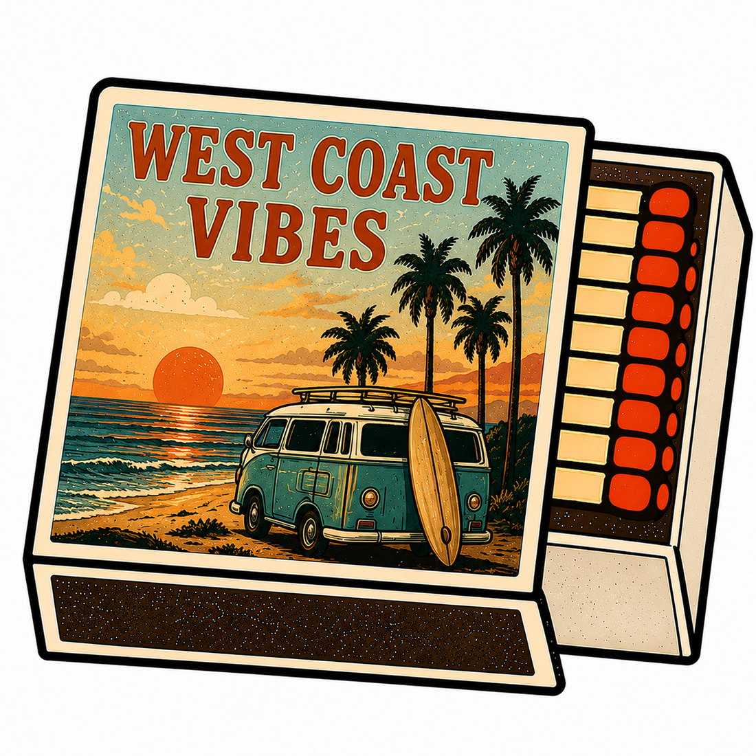 Sticker: West Coast Vibes Palm Sunset Matchbox - Namedrop