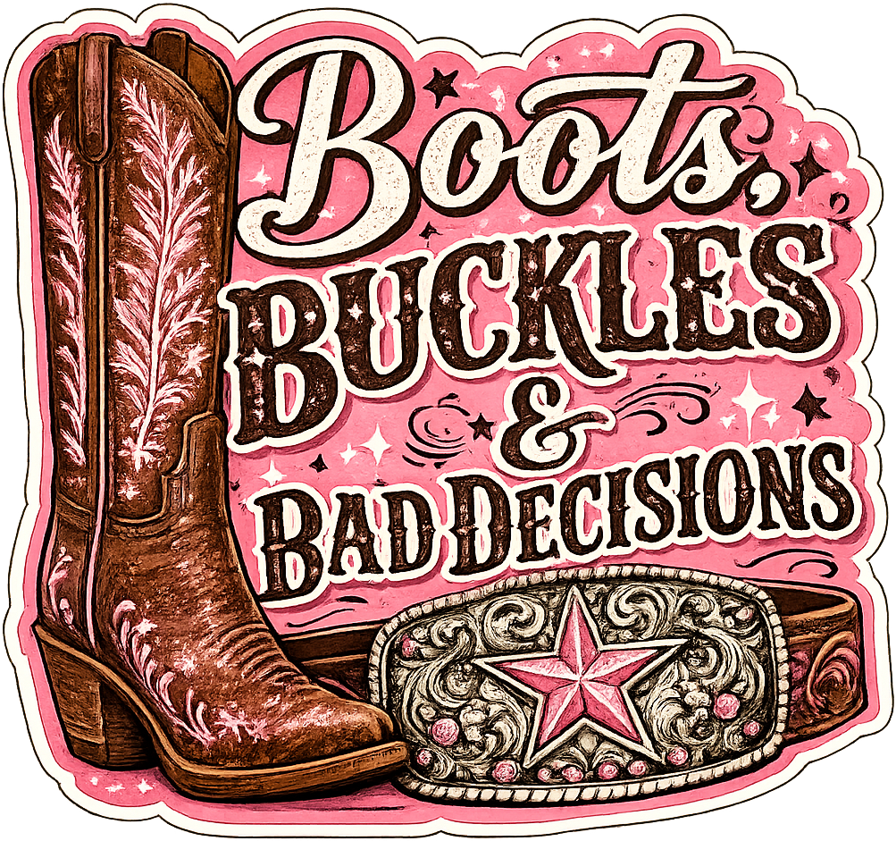 Sticker: Boots Buckles and Bad Decisions Pink - Namedrop