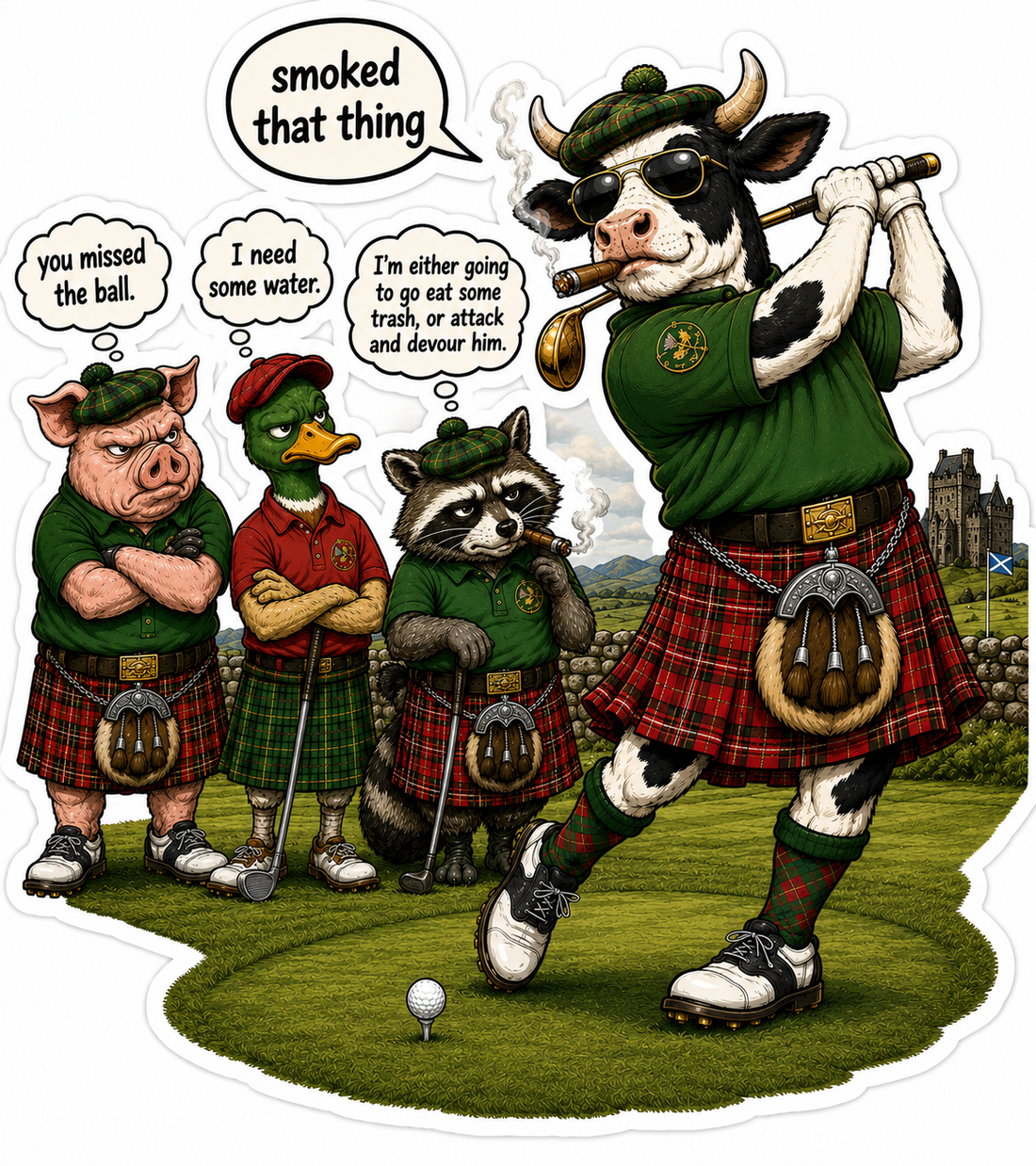 Sticker: Cow golfing smoked that thing