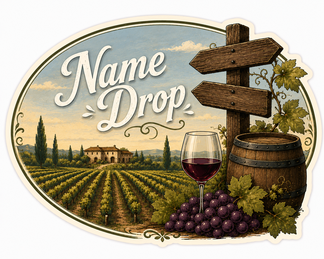 Sticker: Vineyard barrel and sign - Namedrop